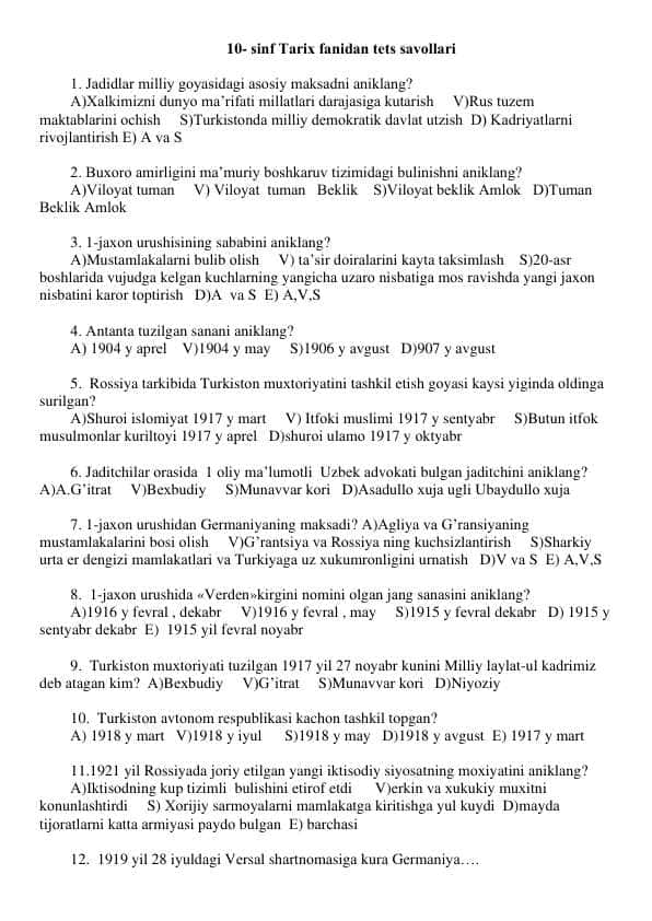 10-sinf-tarix-fanidan-testlar