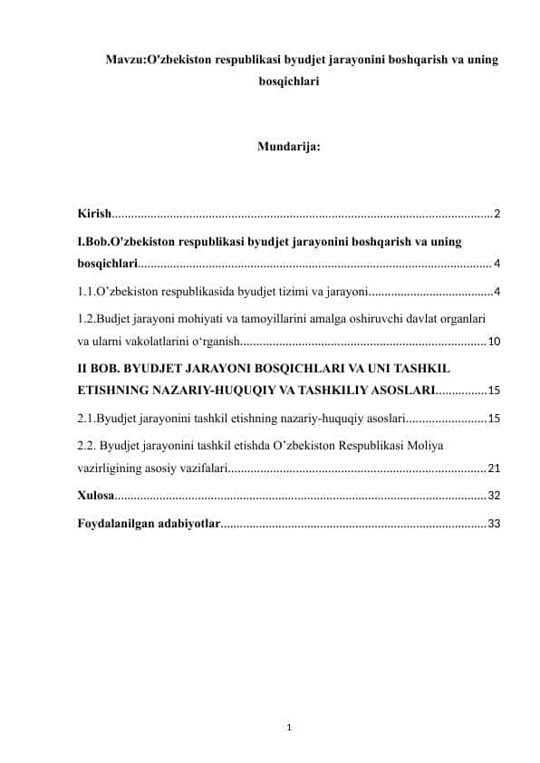 O'zbekiston respublikasi byudjet jarayonini boshqarish va uning bosqichlari