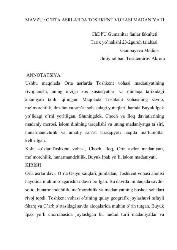 OʼRTA ASRLARDA TOSHKENT VOHASI MADANIYATI