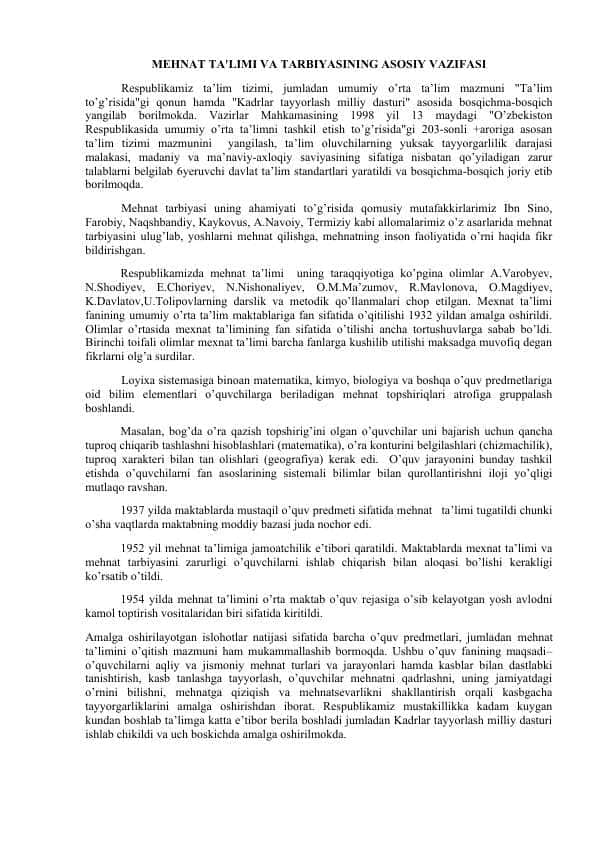 MEHNAT TA'LIMI VA TARBIYASINING ASOSIY VAZIFASI
