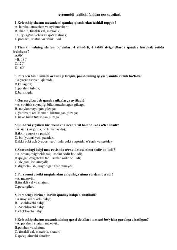 Avtomobil tuzilishi test savollari 100