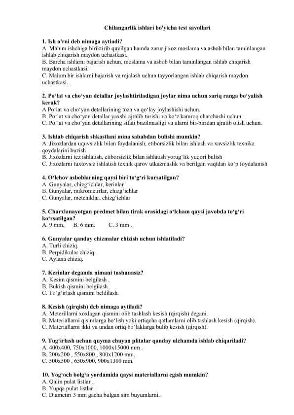 Chilangarlik ishlaridan nazorat savollari
