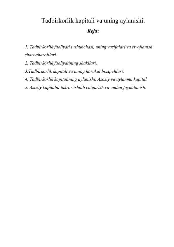 Tadbirkorlik kapitali va uning aylanishi.