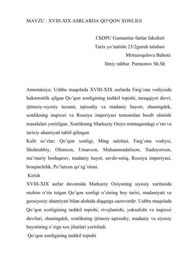XVIII-XIX ASRLARDA QOʻQON XONLIGI Maqola