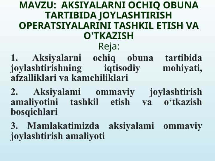 AKSIYALARNI OCHIQ OBUNA TARTIBIDA JOYLASHTIRISH OPERATSIYALARINI TASHKIL ETISH VA O'TKAZISH
