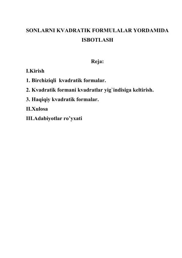 SONLARNI KVADRATIK FORMULALAR YORDAMIDA ISBOTLASH