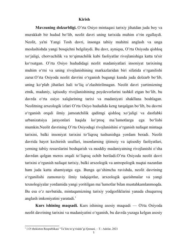 O’rta Osiyoda neolit davri tarixining o’rganilishi