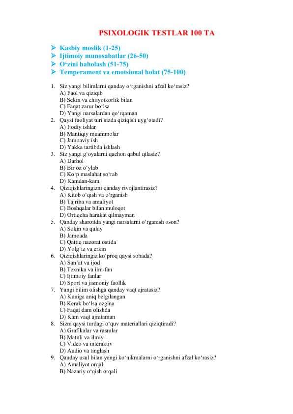 Psixologik testlar, 4 ta eng muhim bo'limlar asosida!