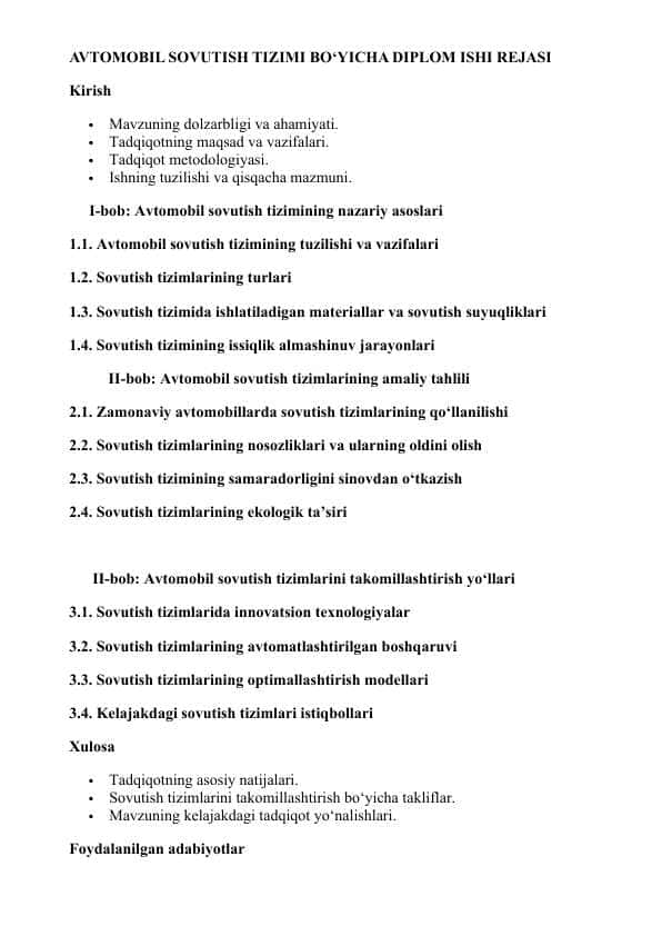 AVTOMOBIL SOVUTISH TIZIMI BO‘YICHA DIPLOM ISHI REJASI