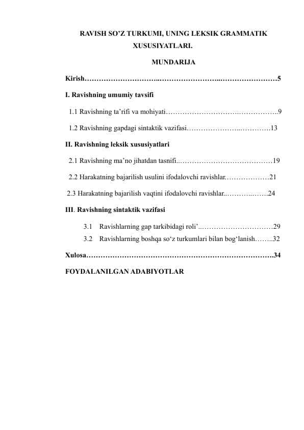 RAVISH SO’Z TURKUMI, UNING LEKSIK GRAMMATIK XUSUSIYATLARI.