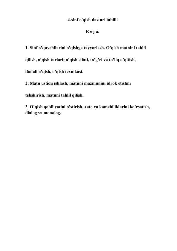 4-sinf o'qish dasturi tahlili