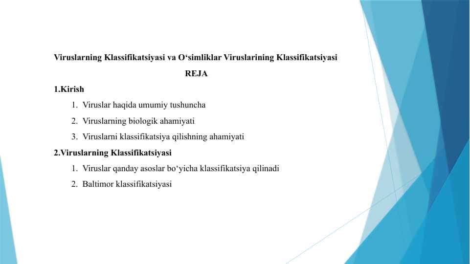 Viruslarning Klassifikatsiyasi va O‘simliklar Viruslarining Klassifikatsiyasi