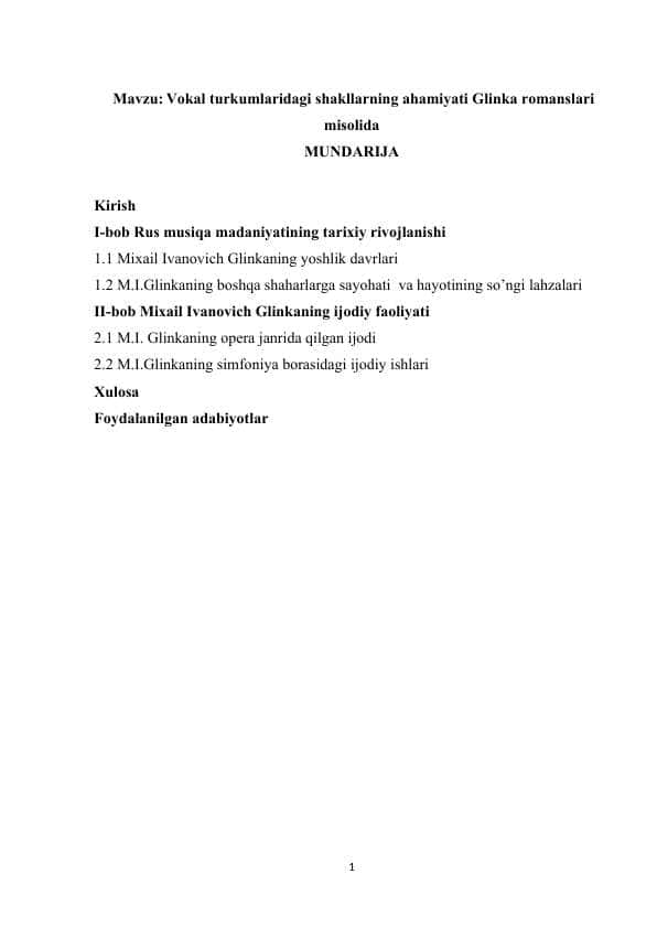 Vokal turkumlaridagi shakllarning ahamiyati Glinka romanslari misolida
