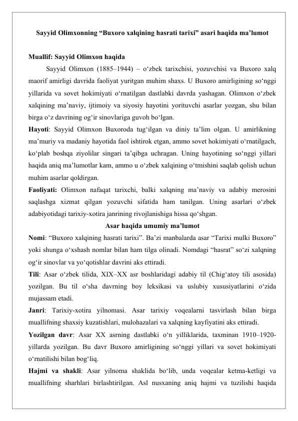Sayyid Olimxonning “Buxoro xalqining hasrati tarixi” asari haqida ma’lumot 25