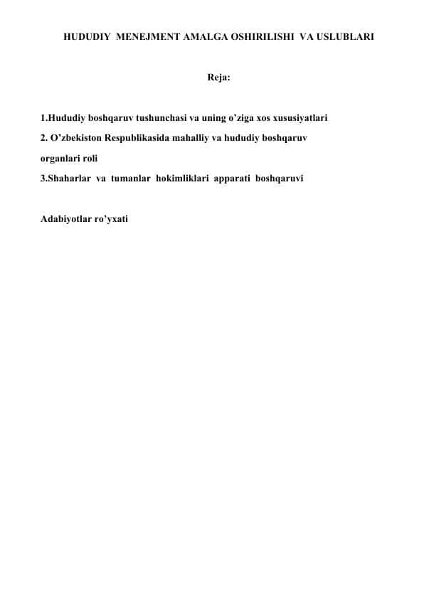 HUDUDIY MENEJMENT AMALGA OSHIRILISHI VA USLUBLARI