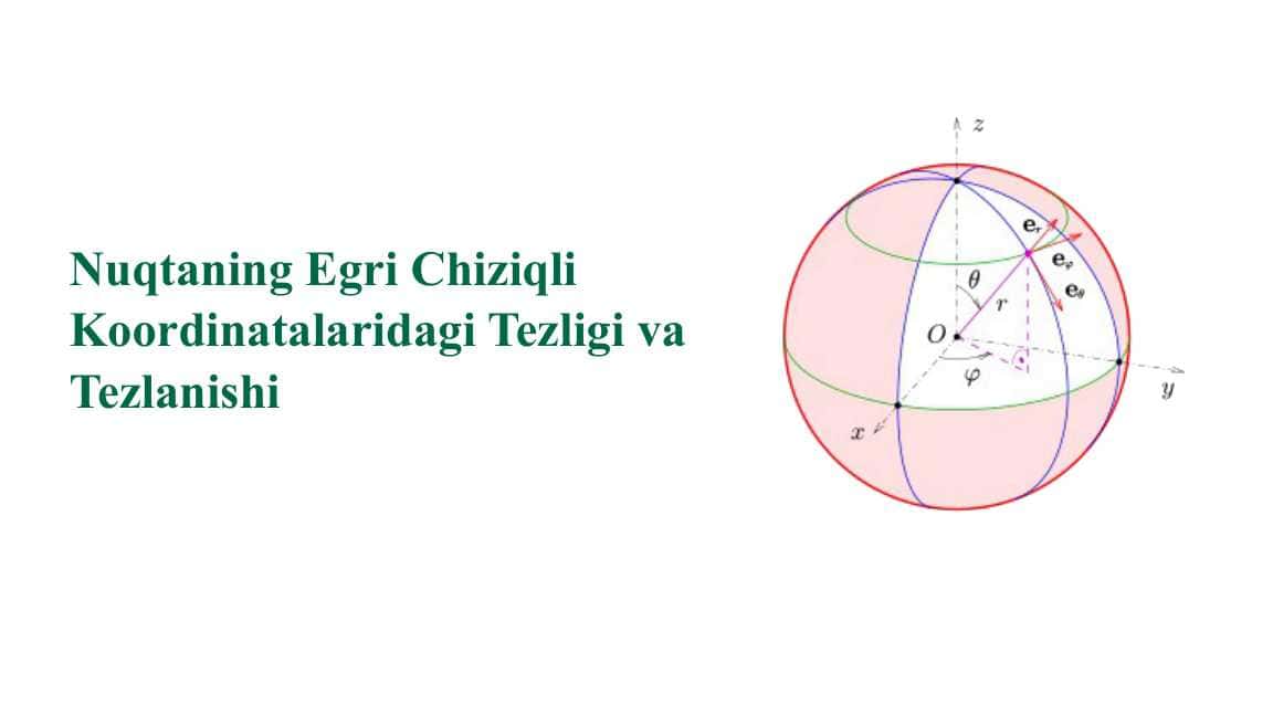 Nuqtaning Egri Chiziqli Koordinatalaridagi Tezligi va Tezlanishi. Sferik va silindirik koordinatalar sistemasida tezlik va tezlanish