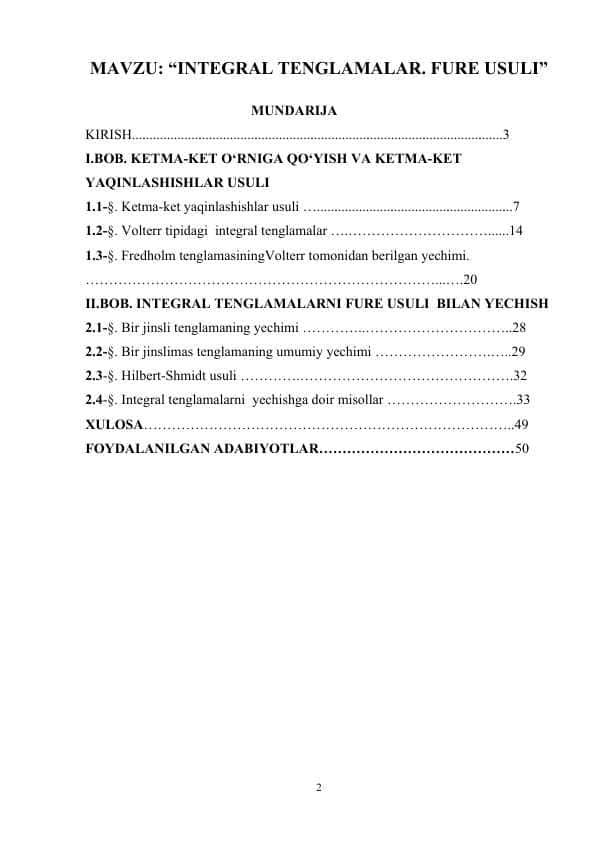 “INTEGRAL TENGLAMALAR. FURE USULI”