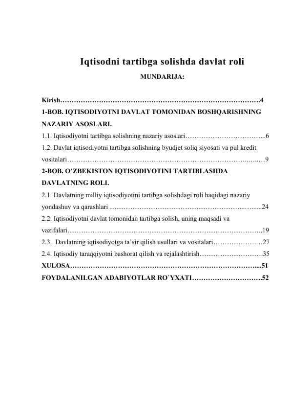 Iqtisodni tartibga solishda davlat roli