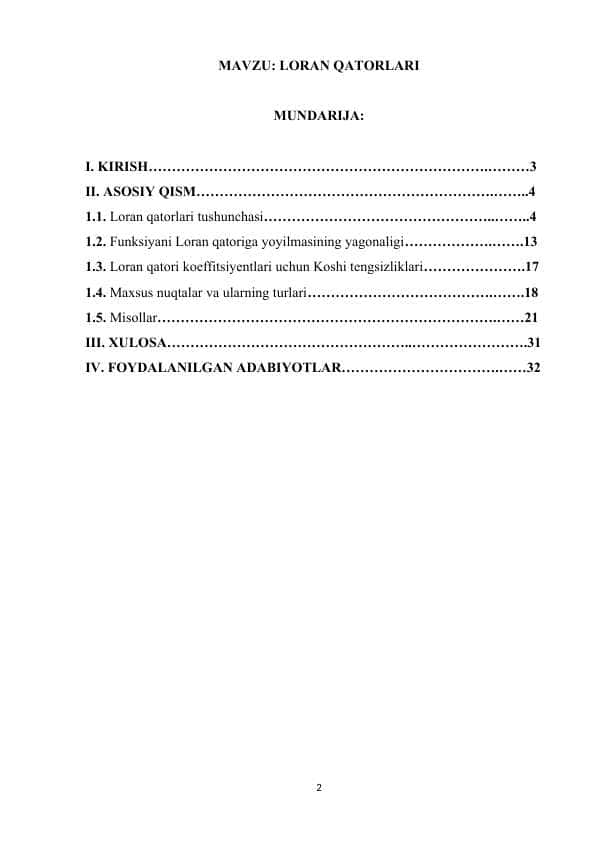 LORAN QATORLARI kurs ishi. Misollar bilan