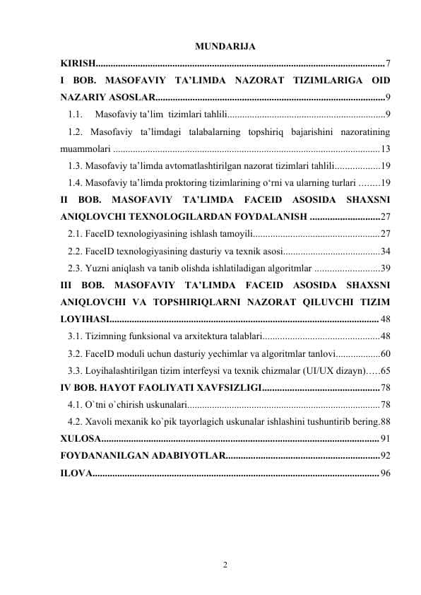 Masofaviy ta' limda talabalar uchun FaceID orqali shaxsni aniqlash va topshiriqlarni bajarilishini nazarat qiluvchi tizimni ishlab chiqish
