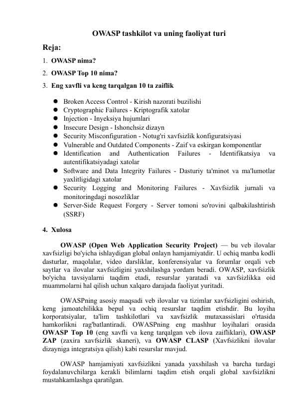 OWASP tashkilot va uning faoliyat turi