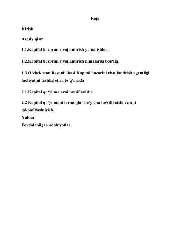 Kapital bozorini rivojlantirish yo’nalishlari