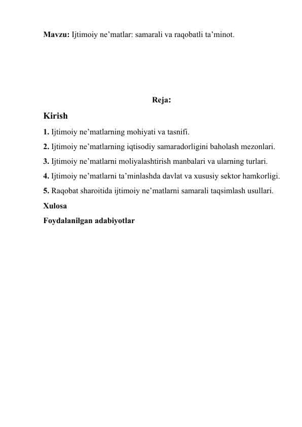 Ijtimoiy ne'matlar samarali va raqobatli taminot