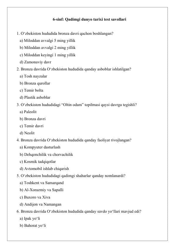 6-sinf Qadimgi dunyo tarixi test savollari 25