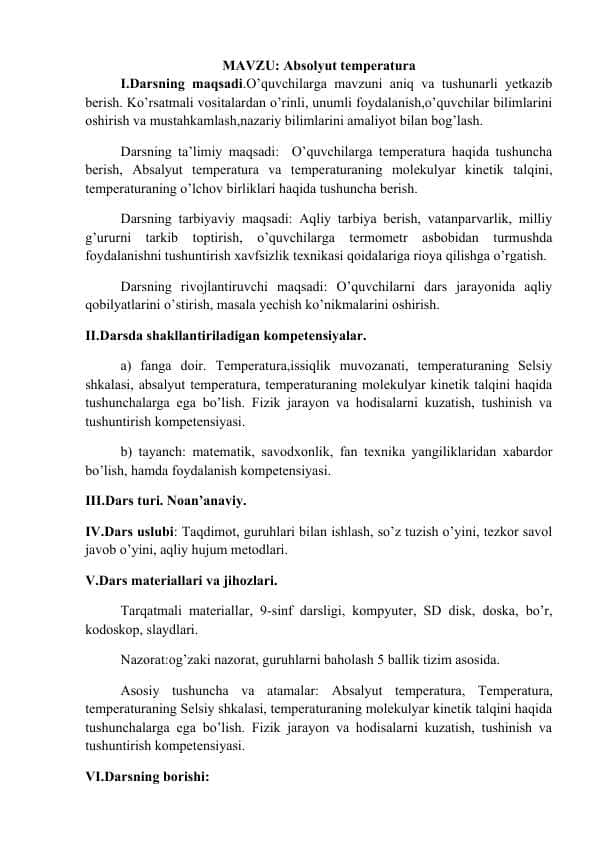 MAVZU: Absolyut temperatura