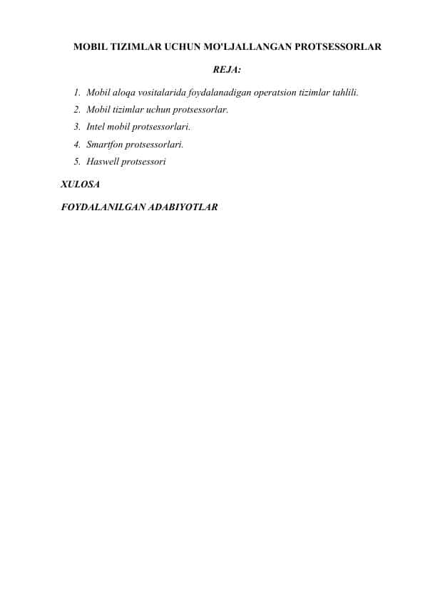MOBIL TIZIMLAR UCHUN MO'LJALLANGAN PROTSESSORLAR