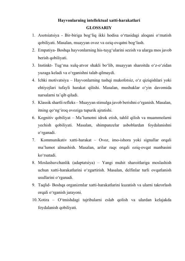Hayvonlarning intellektual xatti-harakatlari GLOSSARIY