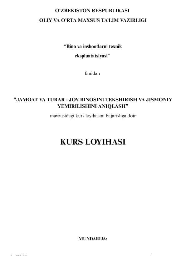 JAMOAT VA TURAR - JOY BINOSINI TEKSHIRISH VA JISMONIY YEMIRILISHINI ANIQLASH
