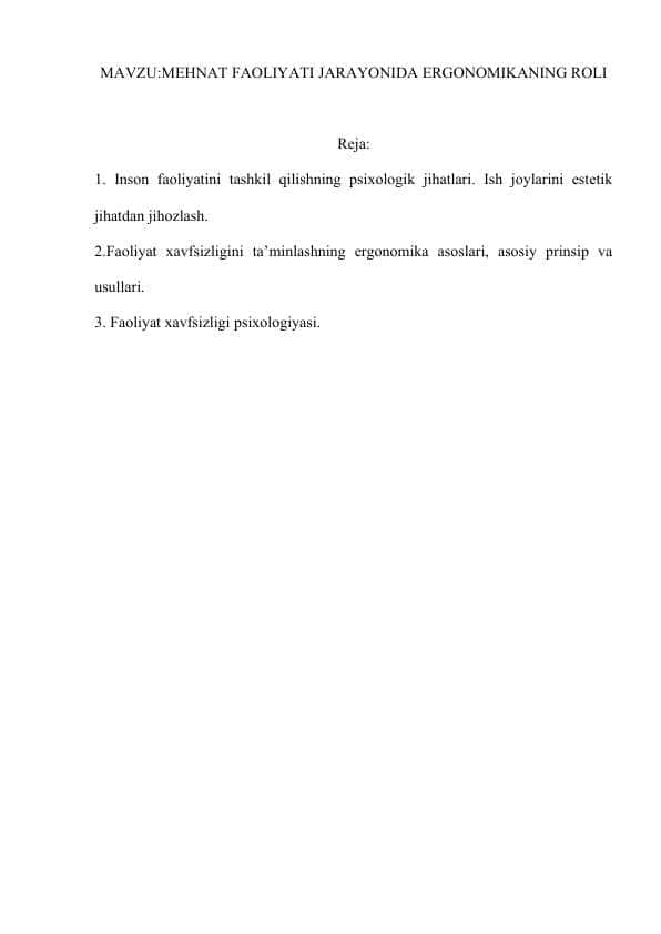 MEHNAT FAOLIYATI JARAYONIDA ERGONOMIKANING ROLI