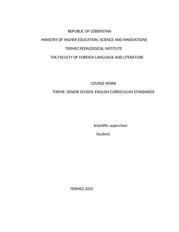 SENIOR SCHOOL ENGLISH CURRICULUM STANDARDS