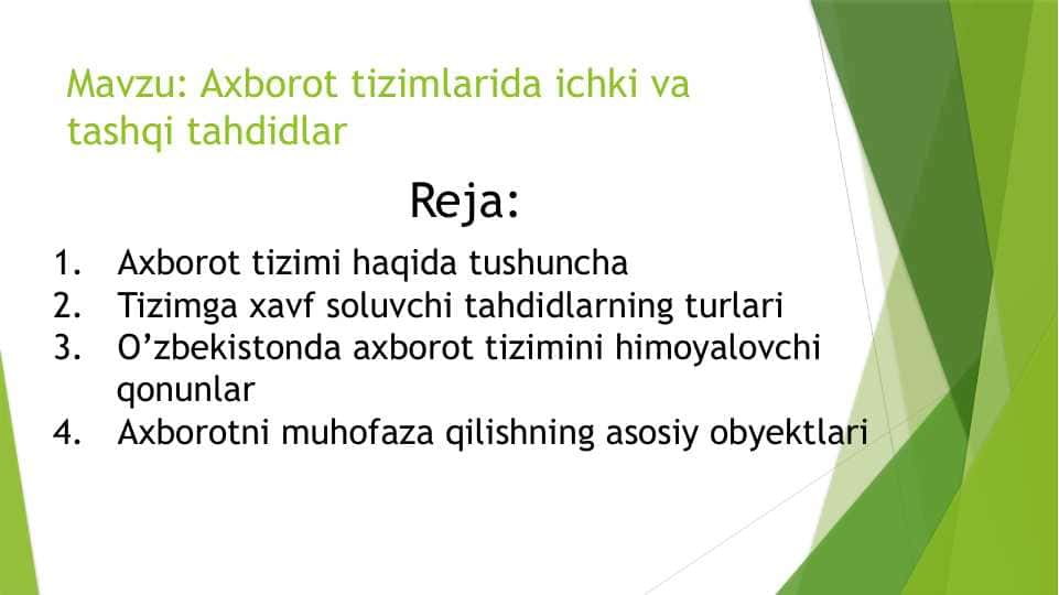 Axborot tizimlarida ichki va tashqi tahdidlar