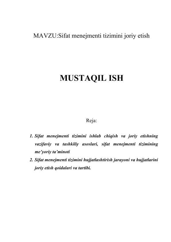 Sifat menejmenti tizimini joriy etish