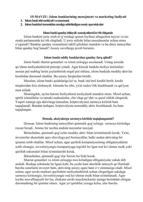 Islom banklarining menejment va marketing faoliyati