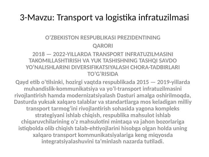 Transport va logistika infratuzilmasi