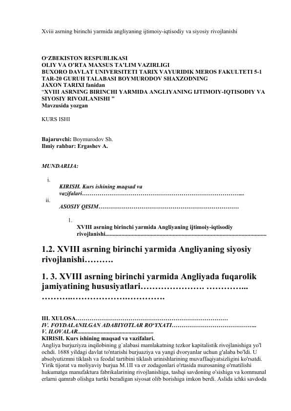 XVIII asrning birinchi yarmida Angliyaning