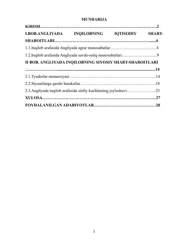 ANGLIYADA INQILOBNING IQTISODIY SHART-SHAROITLARI