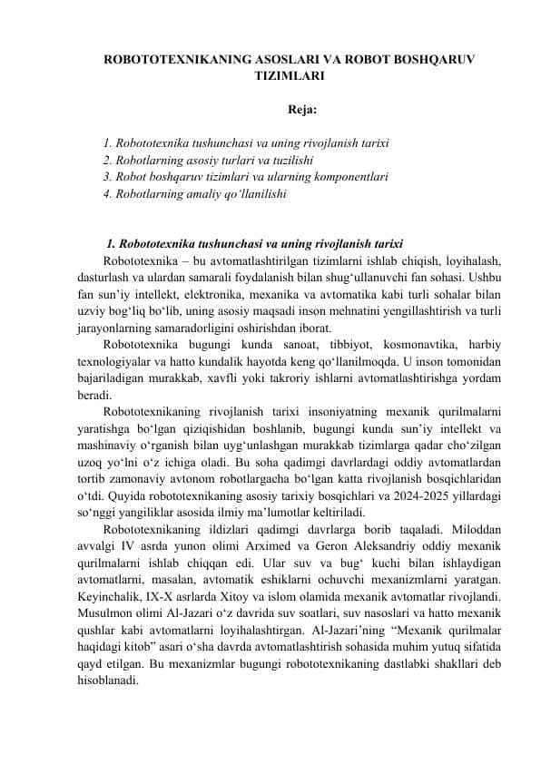 ROBOTOTEXNIKANING ASOSLARI VA ROBOT BOSHQARUV TIZIMLARI