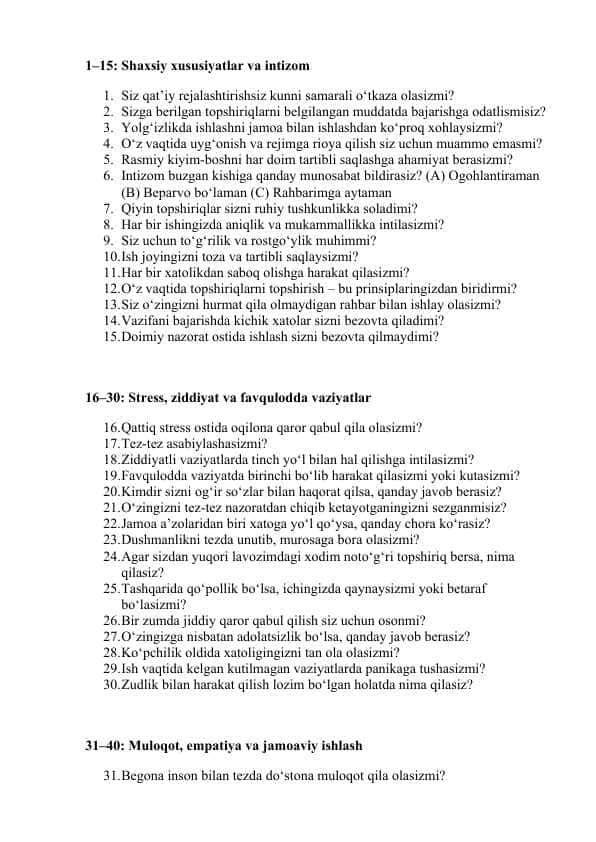 Harbiy sohaga ishga kiruvchilar uchun psixologik testlar YANGI to`plami