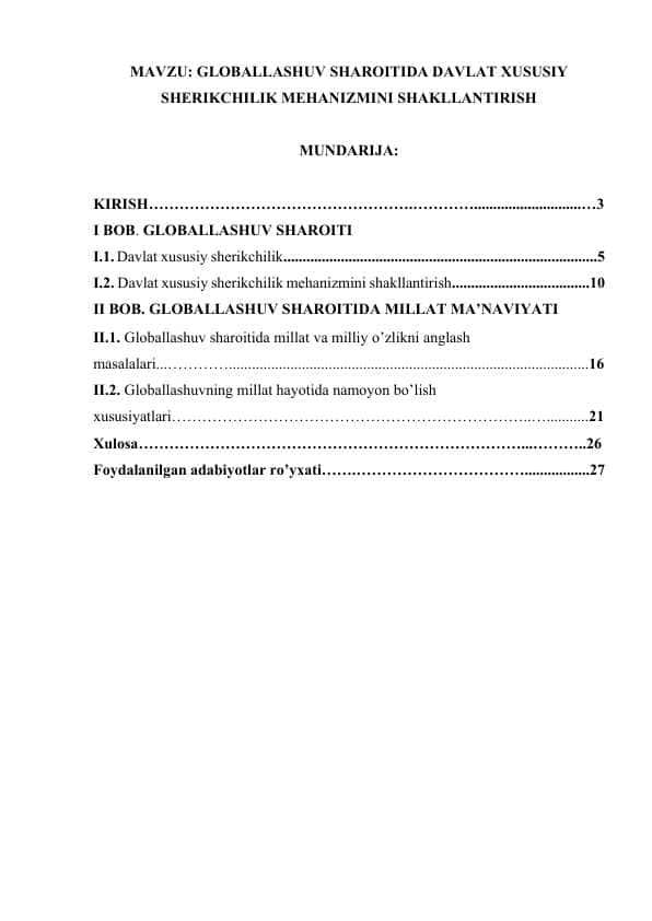 GLOBALLASHUV SHAROITIDA DAVLAT XUSUSIY SHERIKCHILIK MEHANIZMINI SHAKLLANTIRISH.docx