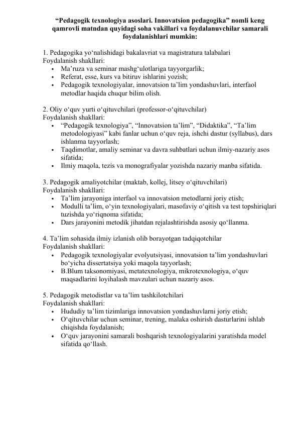 Pedagogik texnologiya asoslari. Innovatsion pedagogika