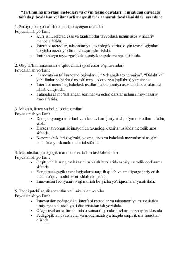 Ta’limning interfaol metodlari va o‘yin texnologiyalari