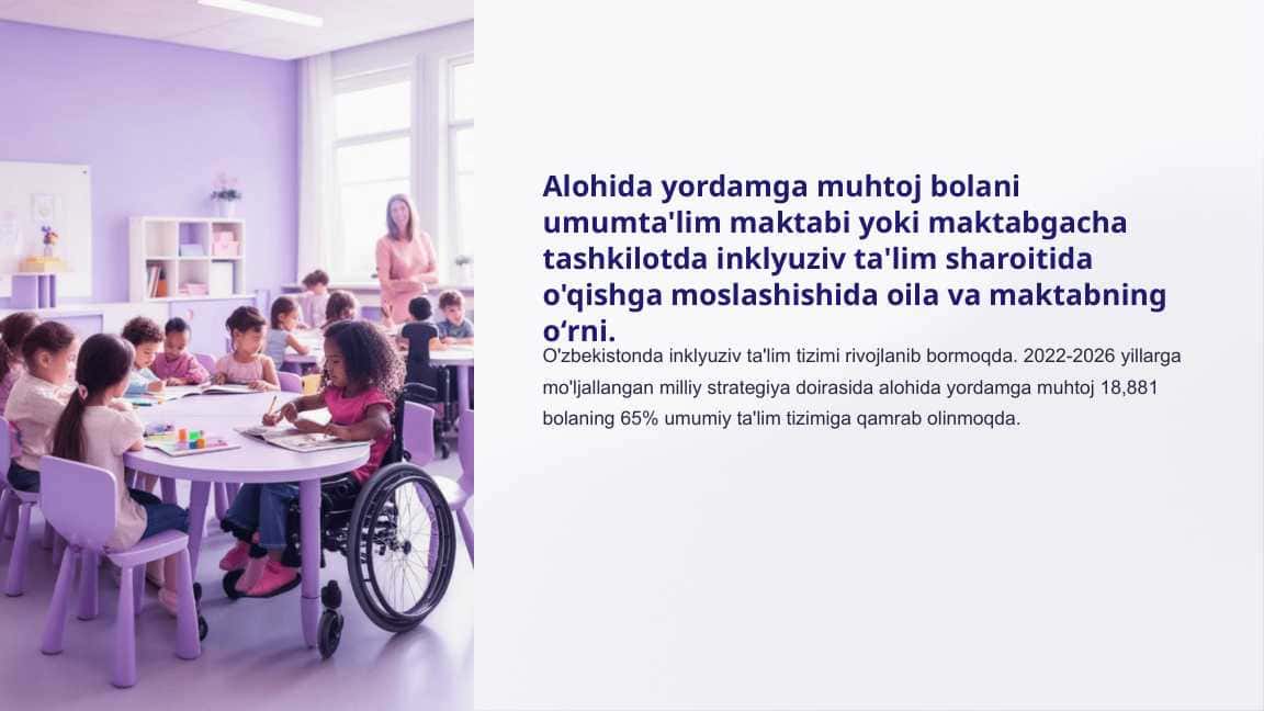 Alohida yordamga muhtoj bolani umumta'lim maktabi yoki maktabgacha tashkilotda inklyuziv ta'lim sharoitida o'qishga moslashishida oila va maktabning oʻrni.