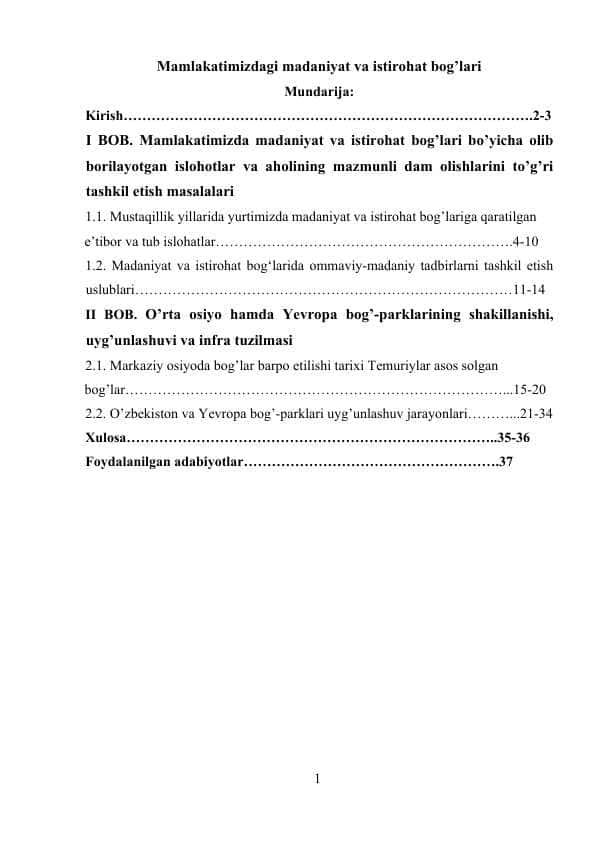 Mamlakatimizdagi madaniyat va istirohat bog’lari