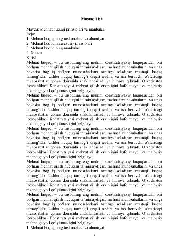 Mehnat huquqi prinsiplari va manbalari