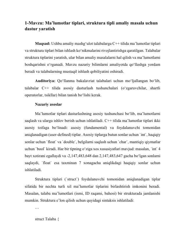 Ma’lumotlar tiplari, struktura tipli amaliy masala uchun dastur yaratish