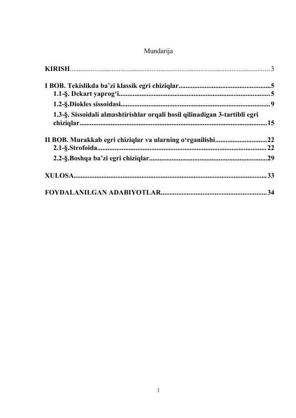 Tekislikda ajoyib egri chiziqlar kurs ishi